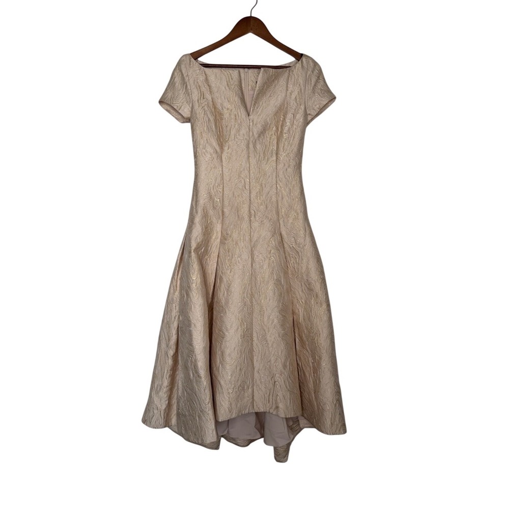 Theia Jacquard Fit Flare Midi Dress Structured Gold Champagne Size M Size 4 NWOT
